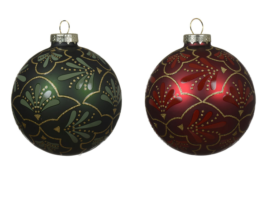 Orn Ball 8cm Green/Red w/Gold