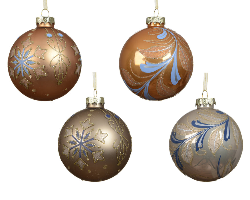 Orn Ball Amber/Beige with Blue/Silver Design