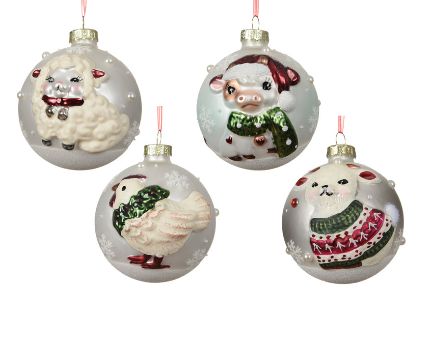 Orn Ball Silver with Farm Animals in Woolies