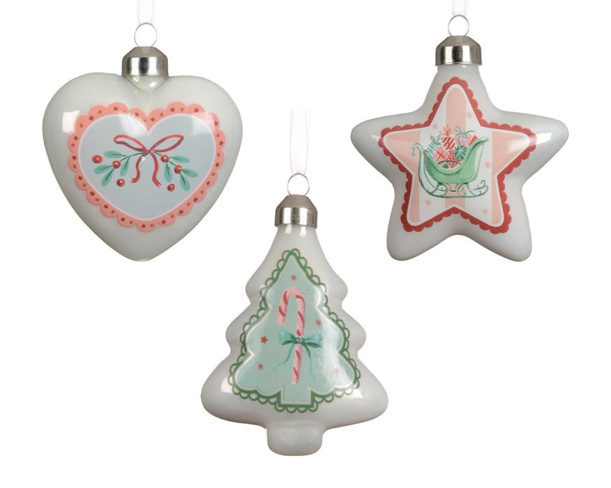 Orn White Heart/Tree/Star with Red/Green Design