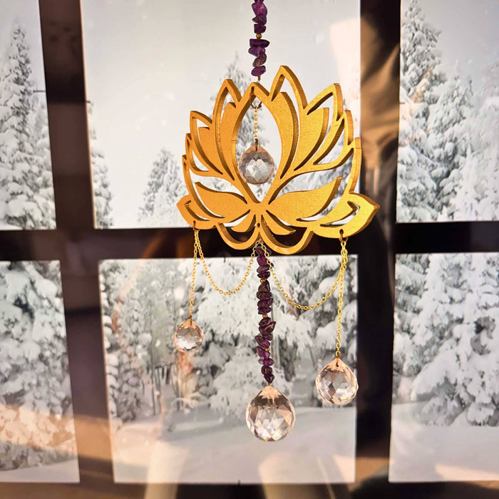 Lotus Amethyst Suncatcher - Wooden Crystal Gift Decor