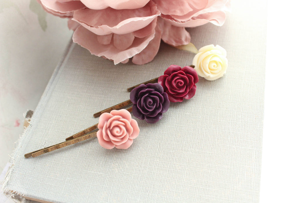 Rose Bobby Pins - Maroon and Purple