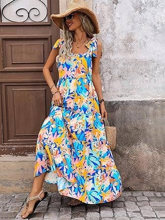 Striped and Floral Sleeveless Maxi Dress