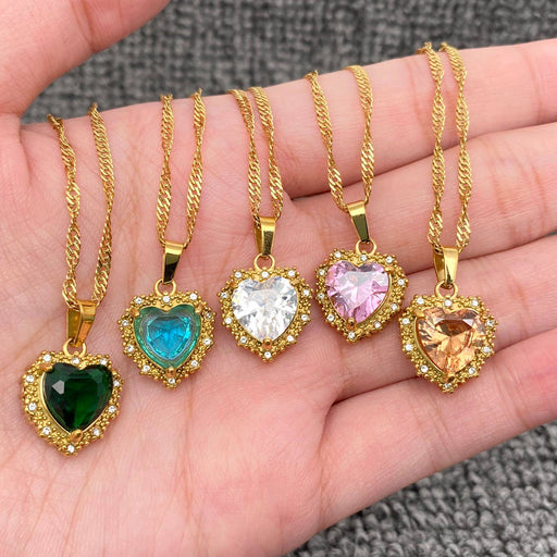 Sparkling Heart Zircon Charm 18K Gold Plated SS Necklace-FGS