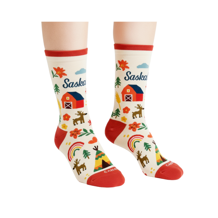 Saskatchewan Canada Crew Socks, Prairie Farm Graphic Travel Souvenir Socks
