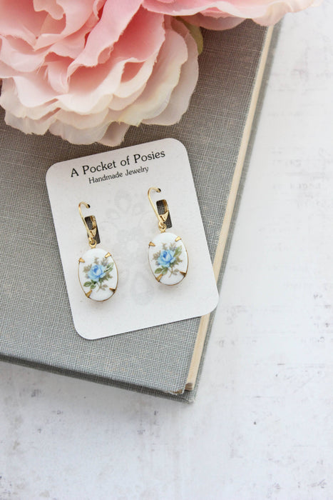 Blue Rose Cameo Earrings