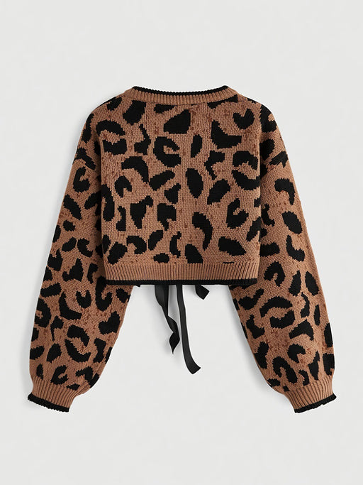 Leopard Print Cropped Sweater with Ribbon Tie