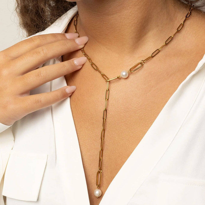 18K Gold PVD Stainless Steel Y Paperclip Necklace with Pearl