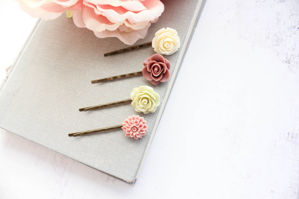 Flower Bobby Pins | Rose Hair Pins | Dusty Rose and Green