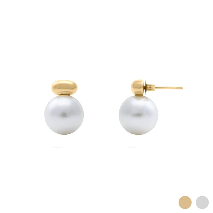 18K Gold PVD Stainless Steel 12mm glass Pearl Stud Earrings