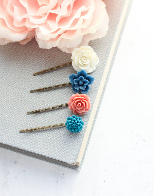 Flower Bobby Pins | Blue and Coral | Flowers for Hair