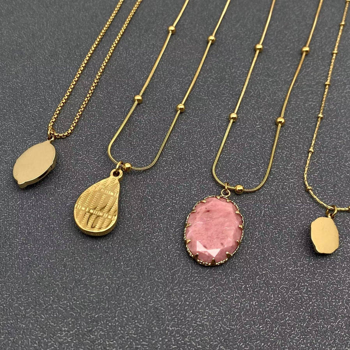Geometric Rhodochrosite Charm 18K Golden Necklace