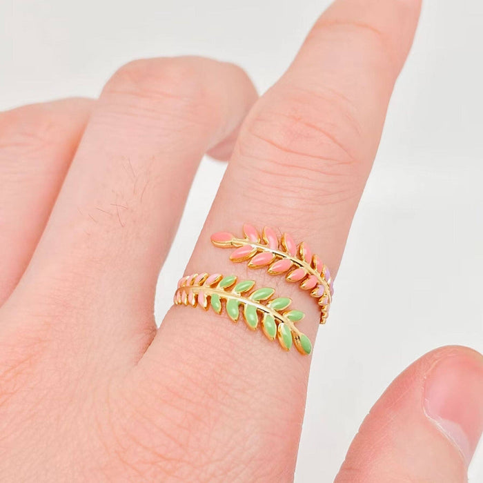 Enamel Leaf Shape 18K Gold Plated Stainless Steel Ring