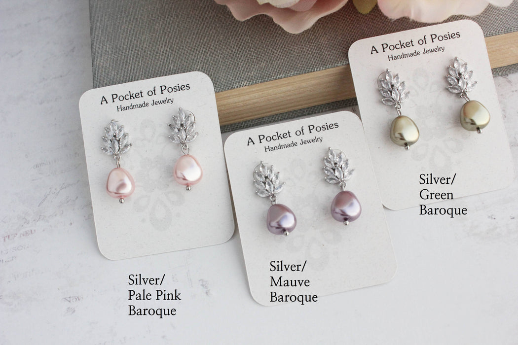 Glass Leaf Post Earrings - Pearl Drop