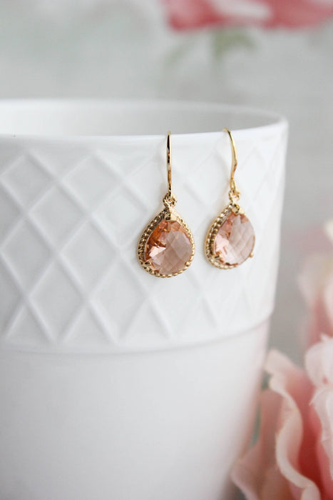 Glass Pear Drop Earrings - gold rope setting - Peach Blush
