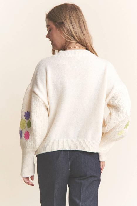 Floral Embroidered Round Neck Sweater Top