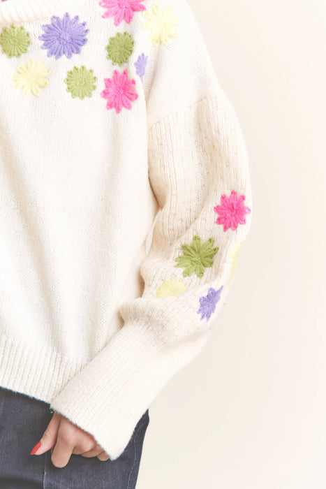 Floral Embroidered Round Neck Sweater Top