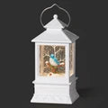 Lighted Swirl Bluebird White Lantern w/Branch and Holly