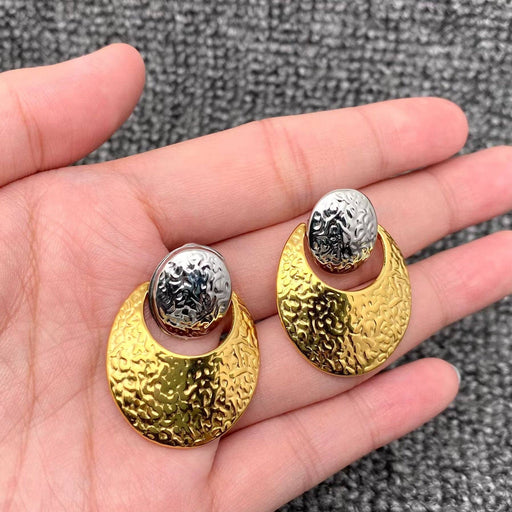 18K Golden SS Hammered Texture Two Tone Post Earrings - FGS