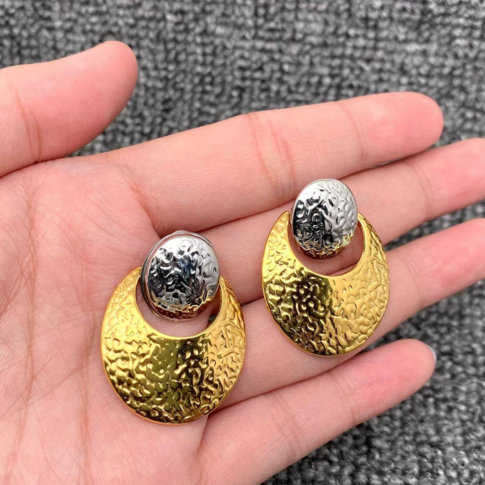 18K Golden SS Hammered Texture Two Tone Post Earrings - FGS
