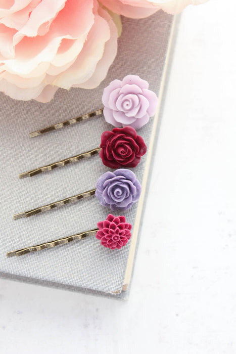 Floral Bobby Pins - Purple and Maroon Roses