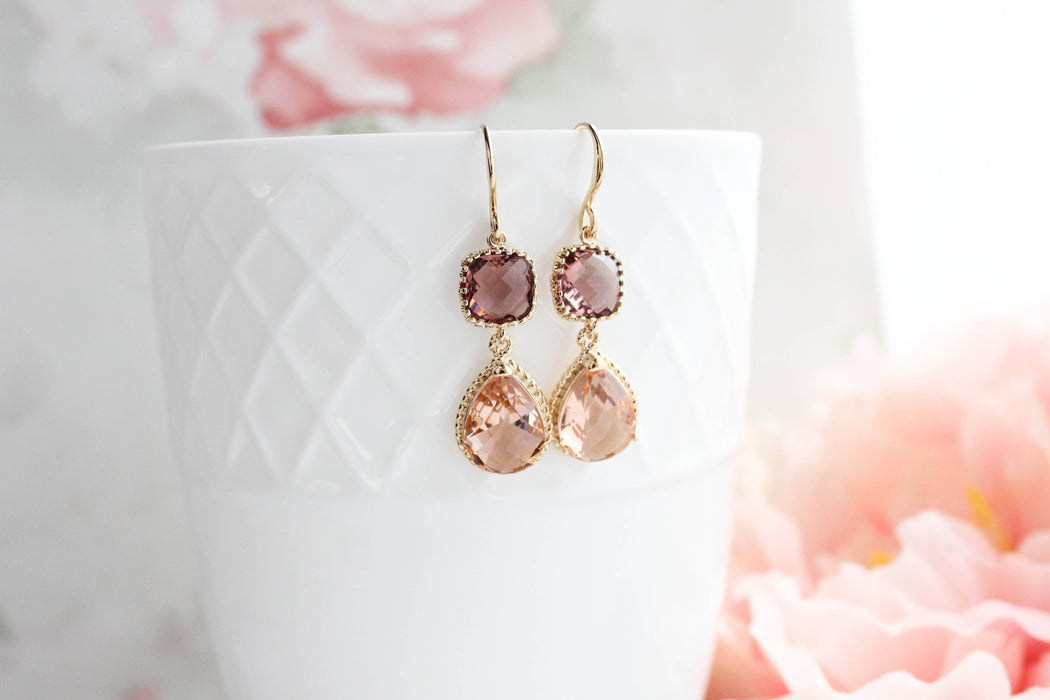 Peach Glass Earrings | Modern Earrings | Dusty Plum Teardrop