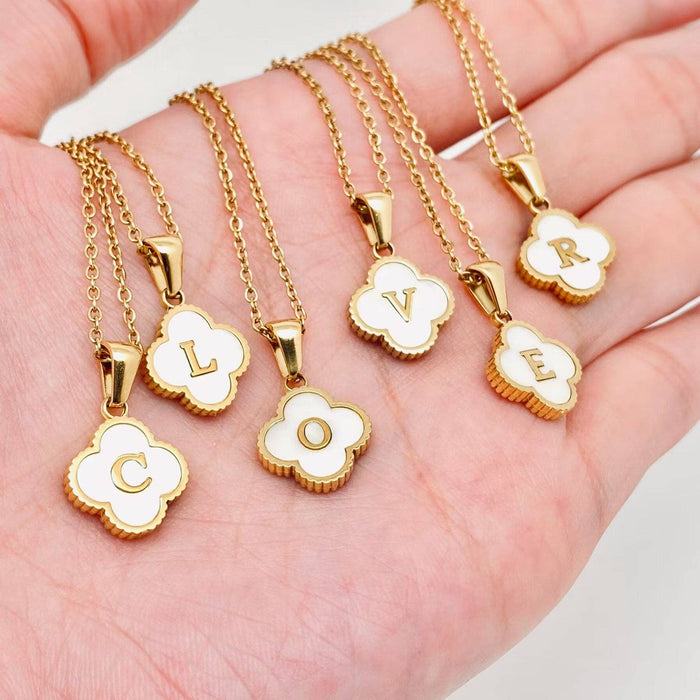 Clover Shell Initial Charm Golden Stainless Steel Necklace