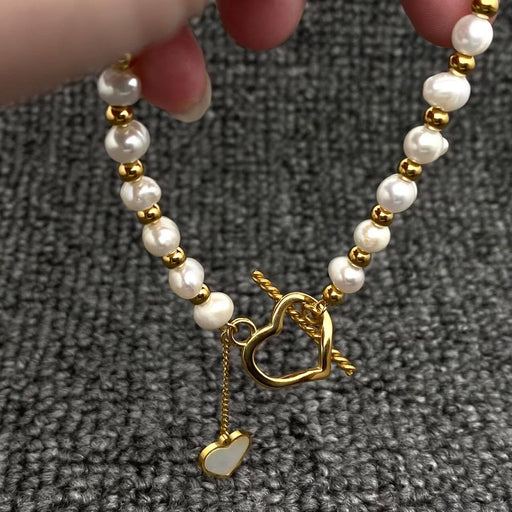 Shell Heart Charm Pearl & 18K Golden SS Beaded Bracelet -FGS