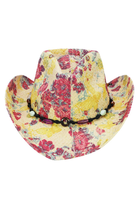 Floral Print Raffia Straw Cowboy Hat