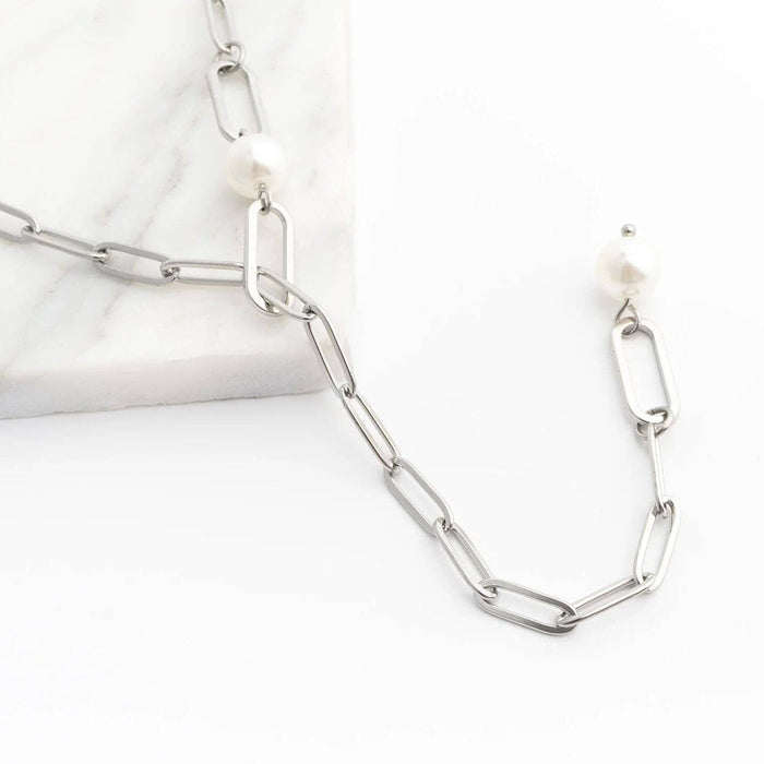 18K Gold PVD Stainless Steel Y Paperclip Necklace with Pearl