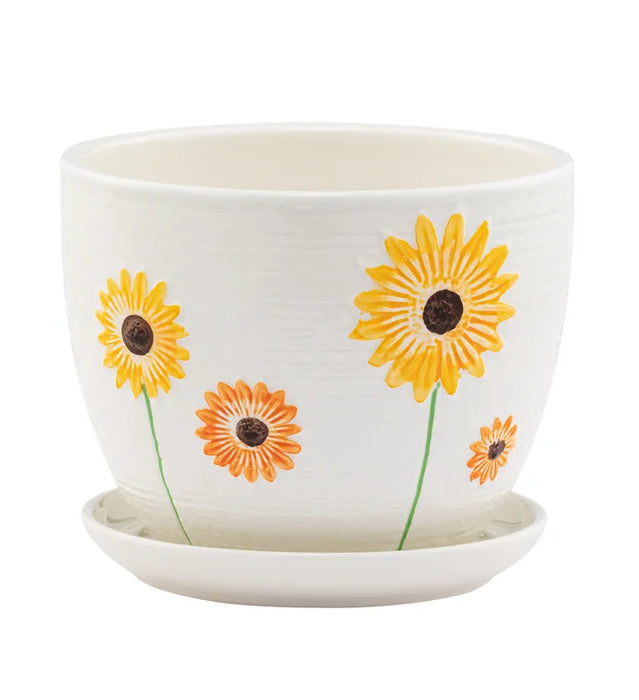 Pot with Saucer Large White Sunflower