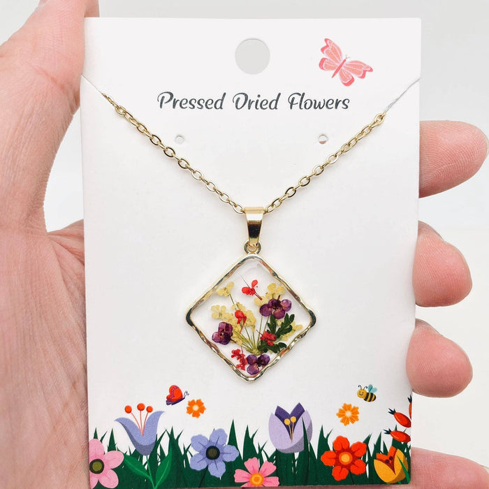 Floral Square Pendant Pressed Dried Flowers Necklace