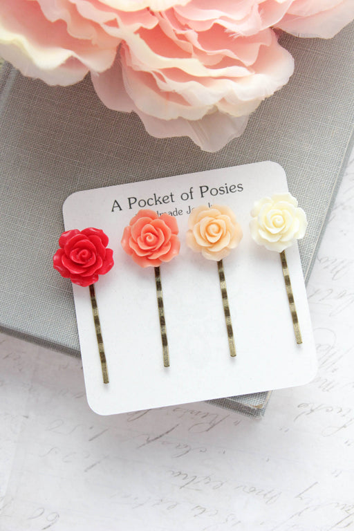 Flower Hair Pins | Ombre Set | Red Coral and Peach Roses