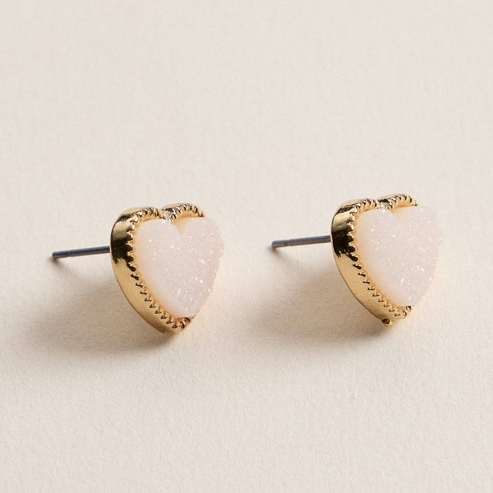 Druzy Heart Stud Earrings in Gold Trim