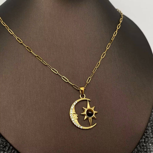 Tiger's Eye & CZ Star Moon 18K Golden SS Necklace - FGS/MS