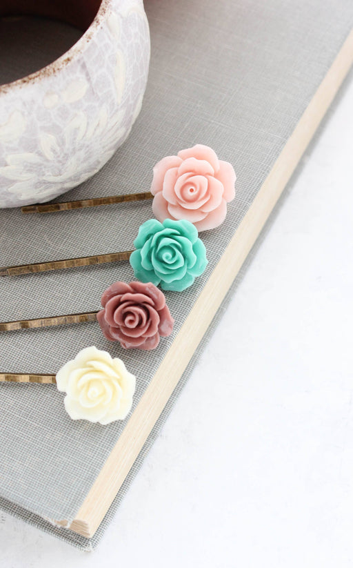 Floral Bobby pin - Teal, Dusty Rose and Blush
