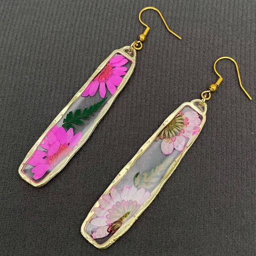Pressed Dried Flower Long Rectangular Dangle Earrings