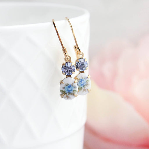 Little Blue Rose Cameo Earrings | Vintage Glass | Lever back