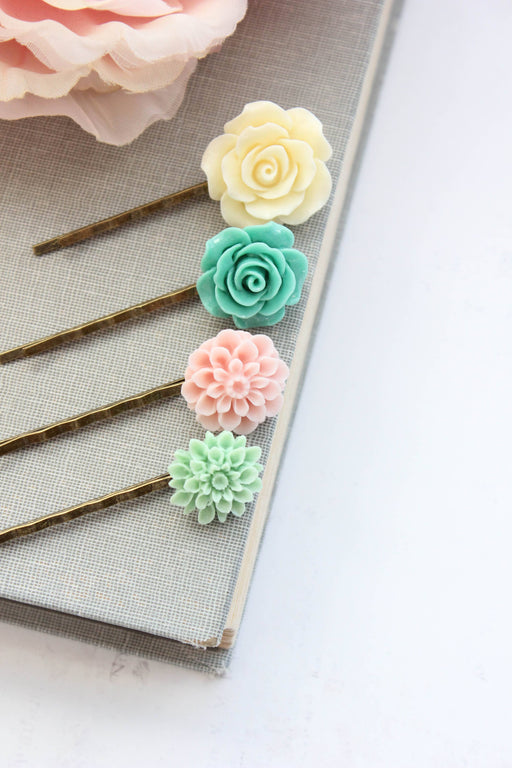 Floral Bobby Pins | Mint and Pastel Pink | Flower Hair Pins