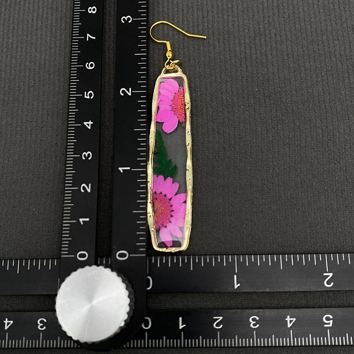 Pressed Dried Flower Long Rectangular Dangle Earrings