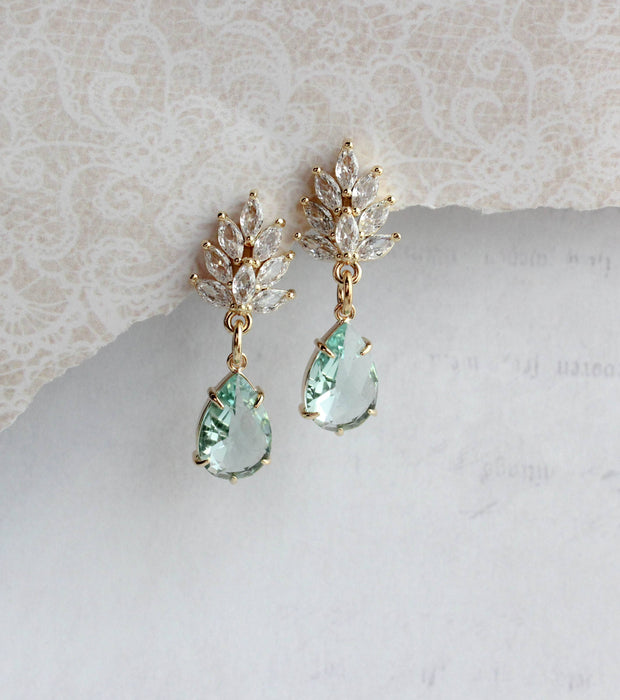 Glass Leaf Earrings | Rhinestone Studs | Gold