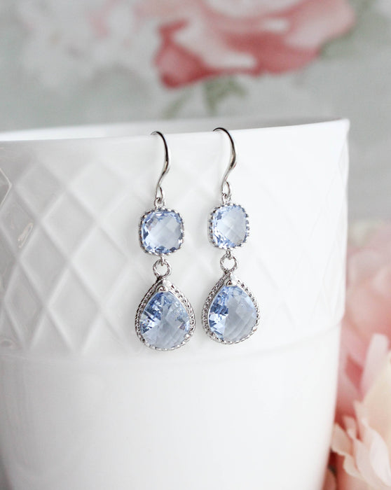 Light Blue Glass Dangle Earrings | Two Jewel Teardrop