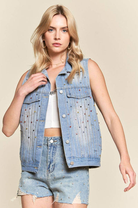 Rainbow Bejeweled Denim Vest