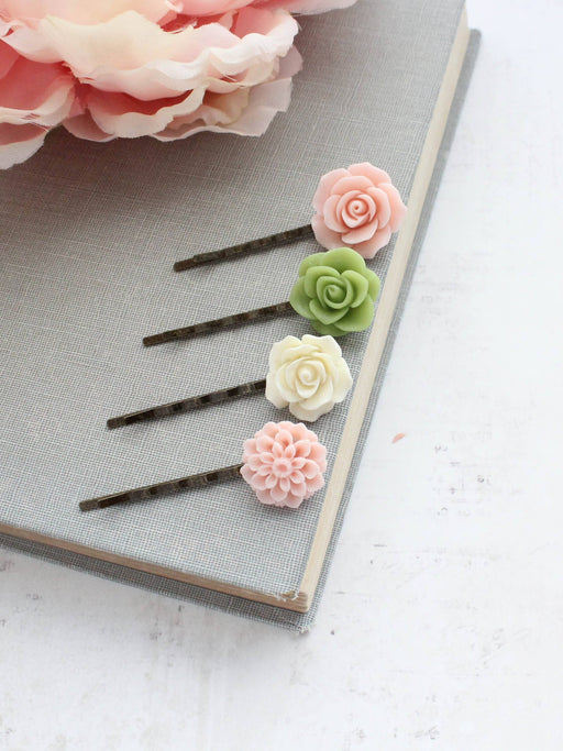 Flower Hair Pins - Pink and Green