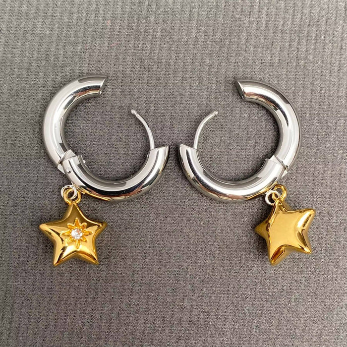 CZ Inlaid Star Two Tone 18K Golden SS Huggie Earrings-FGS/MS