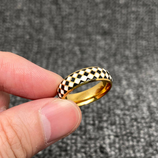 Enamel Black and White Grid 18K Gold Plated SS Ring - FGS