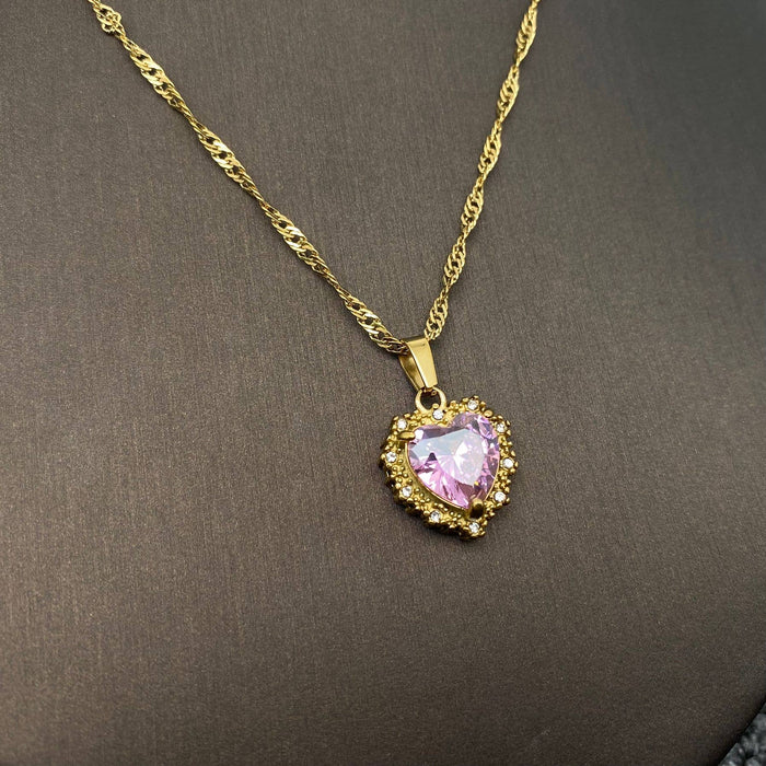 Sparkling Heart Zircon Charm 18K Gold Plated SS Necklace-FGS