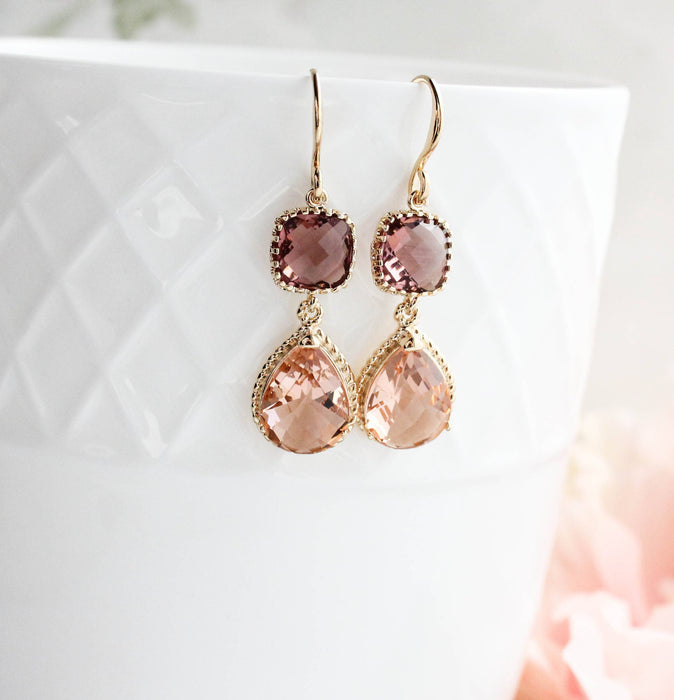Peach Glass Earrings | Modern Earrings | Dusty Plum Teardrop