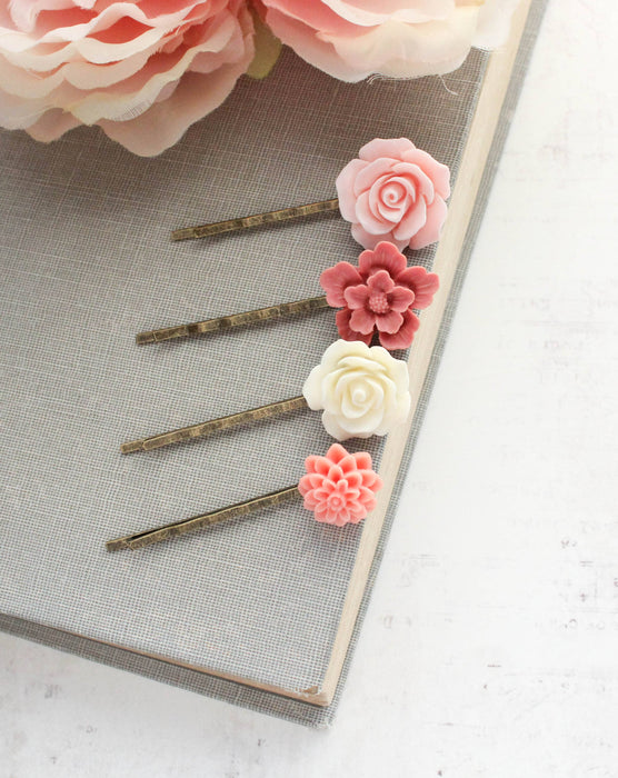 Flower Bobby Pins Set | Shades of Pink and Coral | Pink Rose