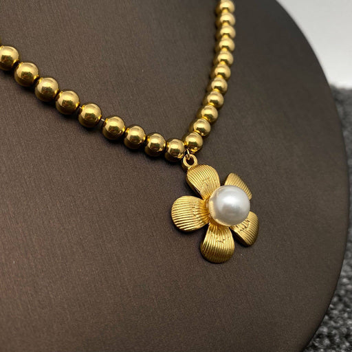 Inlaid Pearl Flower Charm 18K Gold Plated SS Necklace - FGS